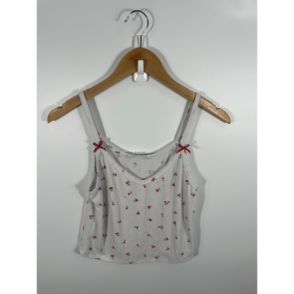 Womens Cherry Print Crop Tank Top L White Lace Bow Coquette 2000s Soft Girl